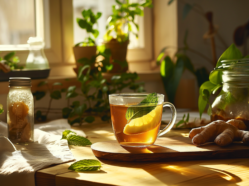 Tasse mit Kräutertee, Ingwer und frischer Minze auf einem Holzbrett in der Morgensonne.