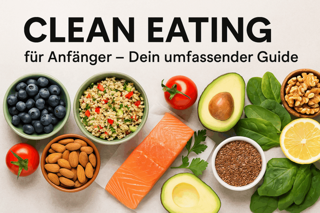 Clean Eating für Anfänger mit gesunden Zutaten wie Lachs, Gemüse und Nüssen