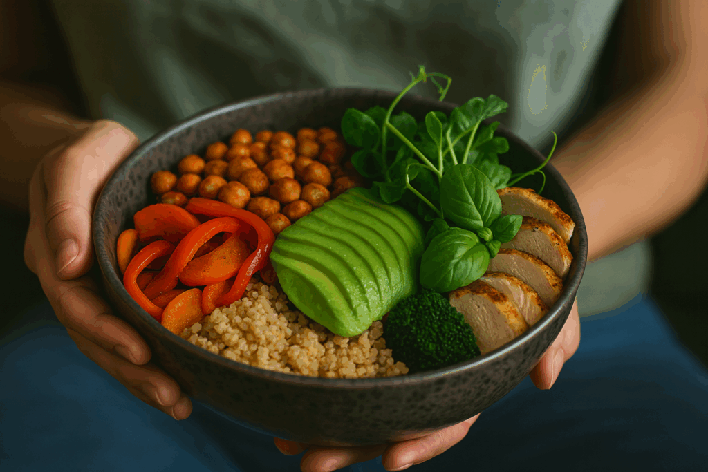 Clean Eating Bowl mit Quinoa, Avocado, Kichererbsen, Hähnchen und Gemüse