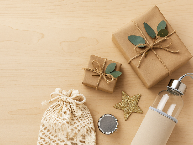 Zwei kleine Geschenke in Kraftpapier, wiederverwendbarer Baumwollbeutel und Edelstahl-Trinkflasche als nachhaltige Geschenkideen.