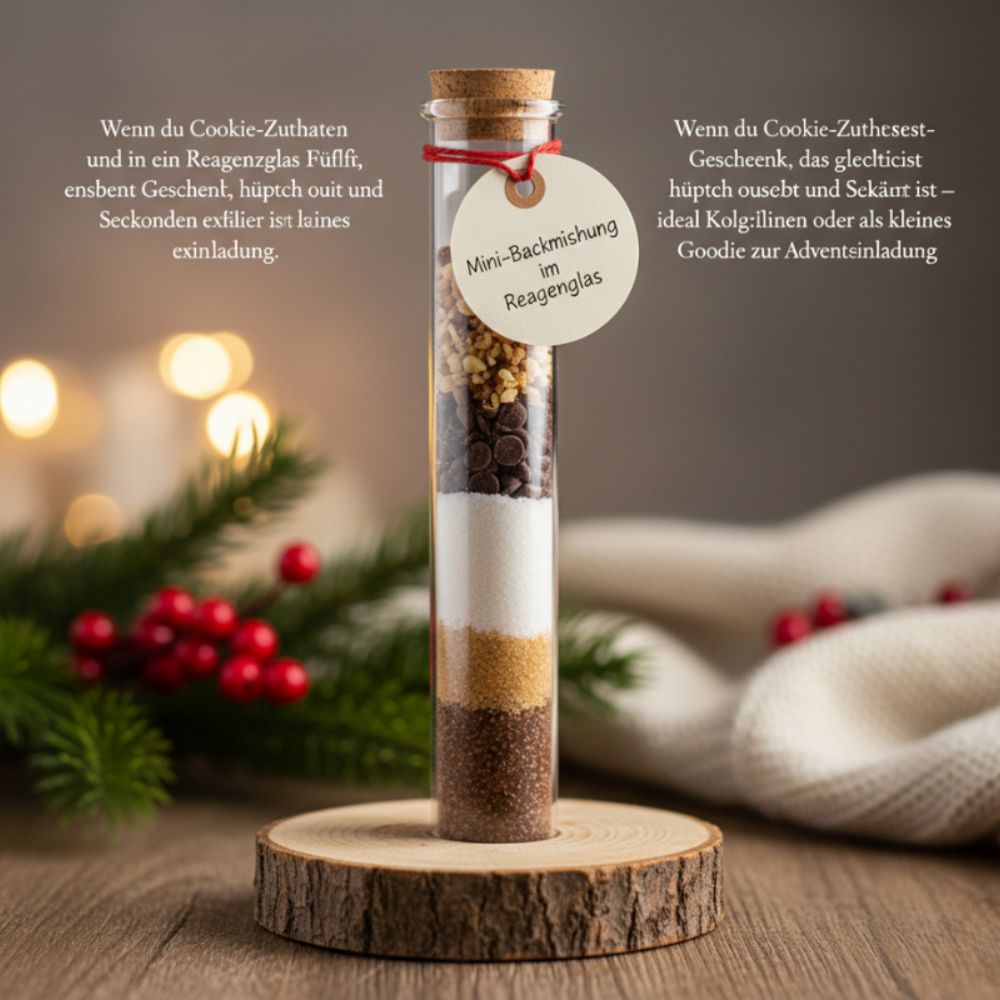 Selbstgemachte Cookie-Backmischung im Reagenzglas mit Korkdeckel und Etikett, dekoriert mit Tannenzweigen, roten Beeren und warmem Bokeh-Licht – stilvolles kleines Weihnachtsgeschenk.