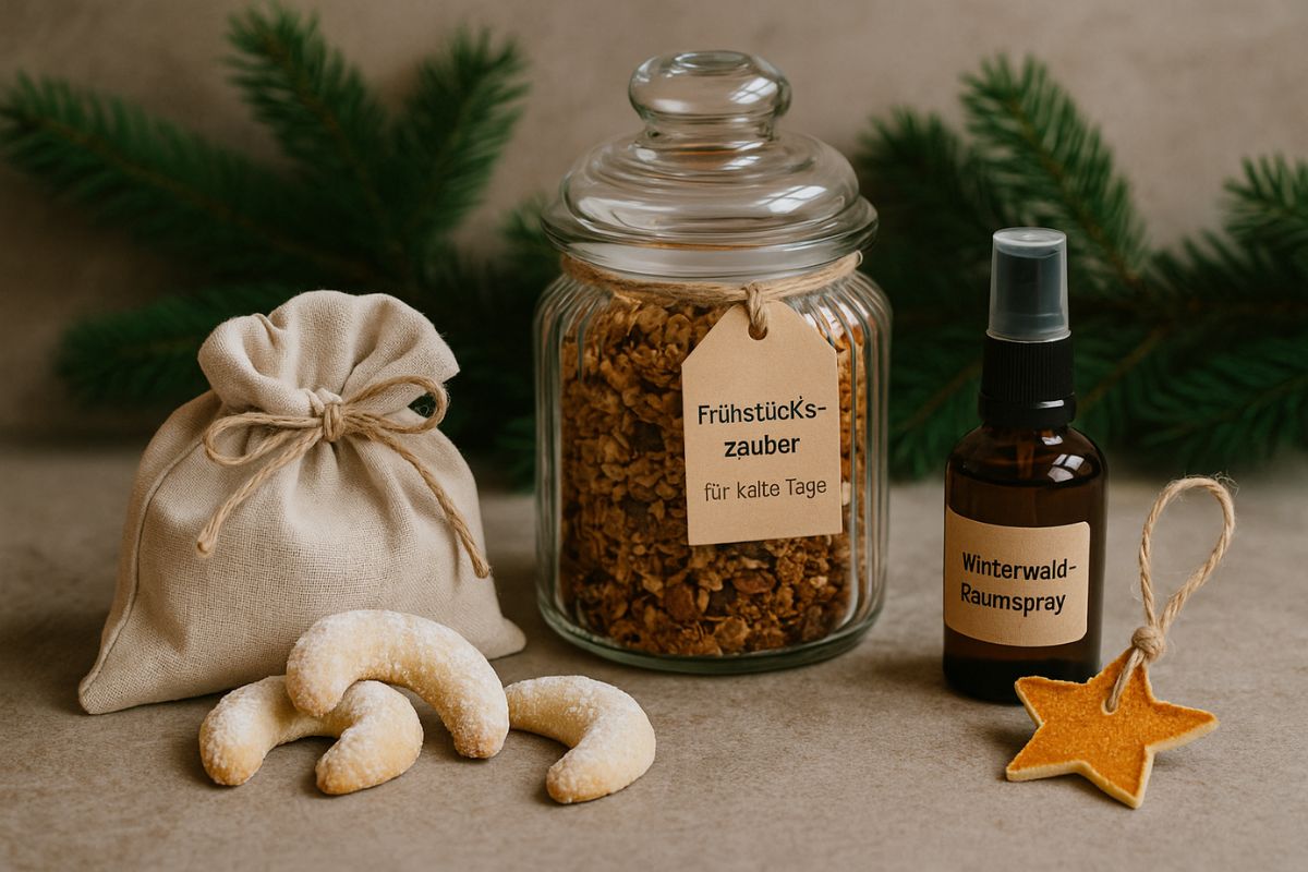 Hausgemachte Weihnachtsgeschenke aus der Küche: Chai-Gewürzpulver, heiße Schokolade am Stiel, Vanillekipferl im Leinensäckchen, gebrannte Mandeln und winterliches Granola, dekoriert mit Tannenzweigen auf Holztisch.